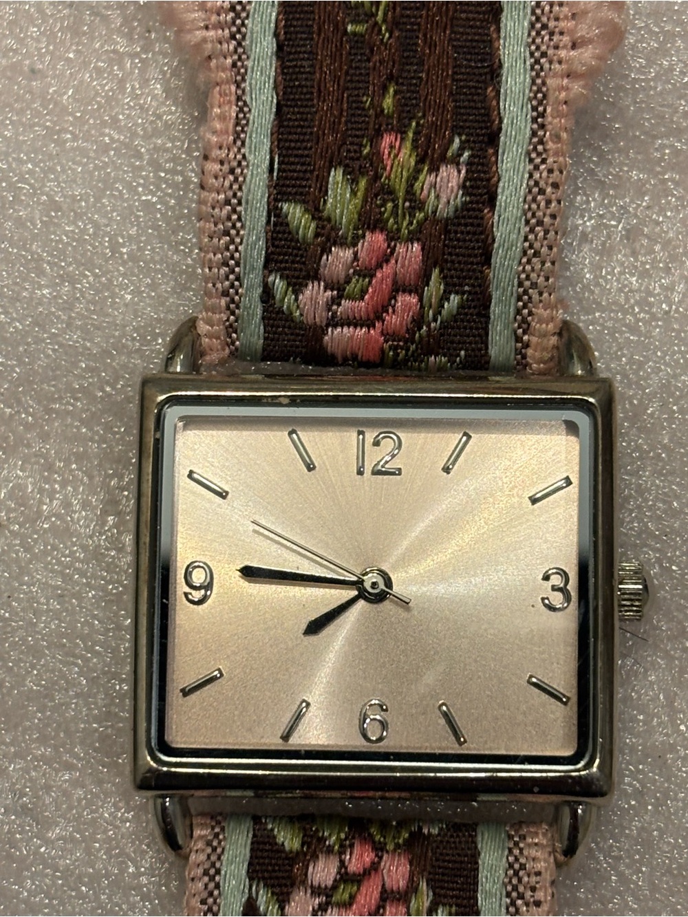 Silver Square Dial Women's Watch with Pink Floral Fabric Strap
